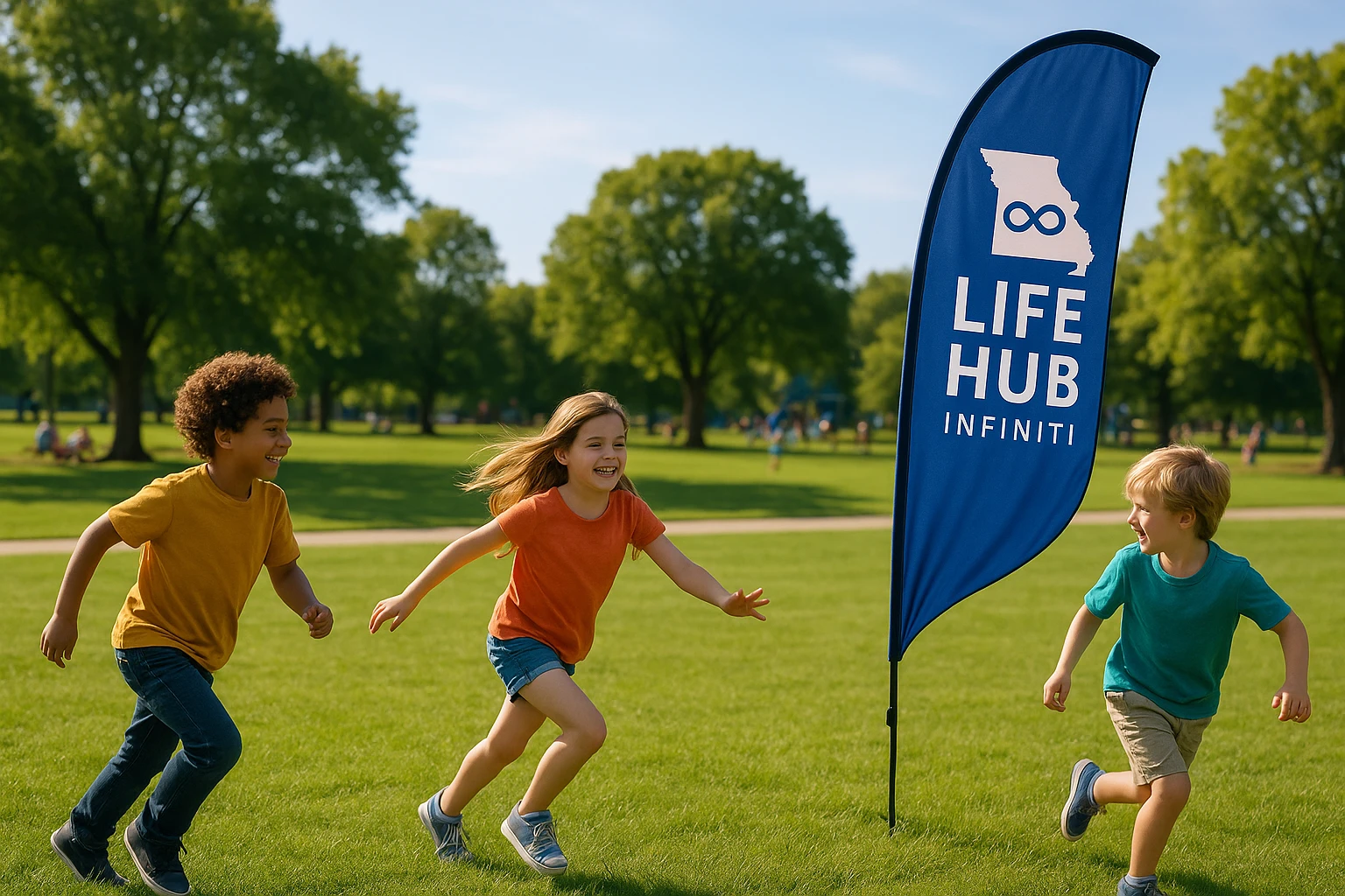 A vibrant outdoor scene of a Missouri family park, with children playing on a grassy field while a large banner with the Life Hub Infiniti logo flutters in the breeze, symbolizing educational freedom and opportunity.