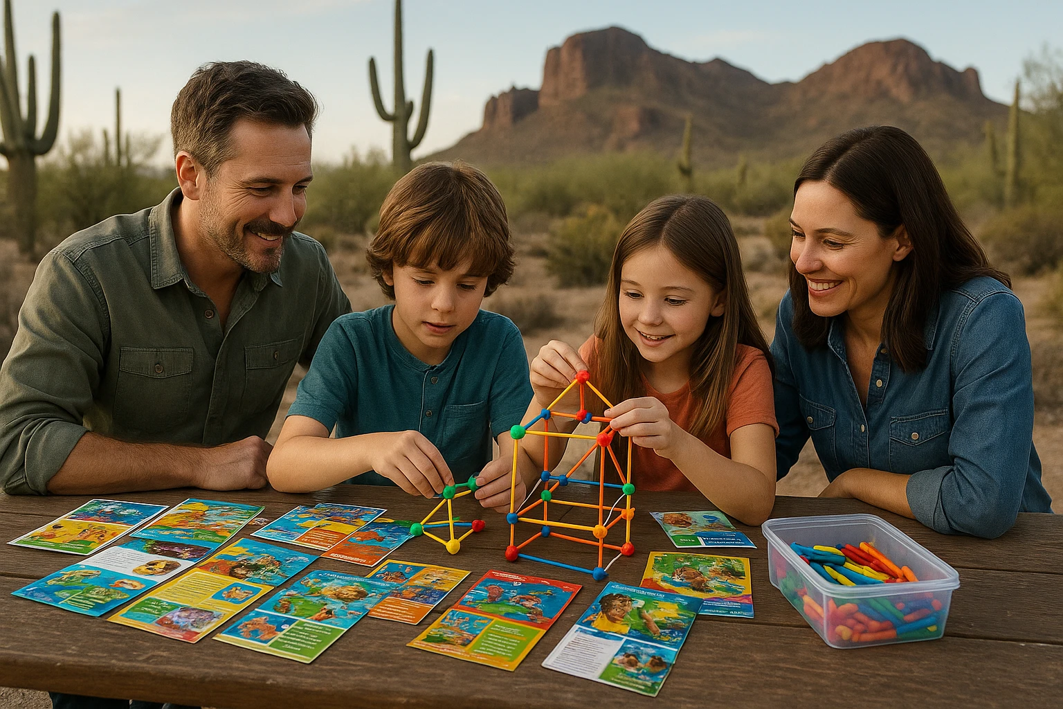 A family gathers around a picnic table covered with colorful educational brochures and hands-on learning kits from Life Hub, as children excitedly use a 3D model set to build structures, with a backdrop of Arizona desert scenery.