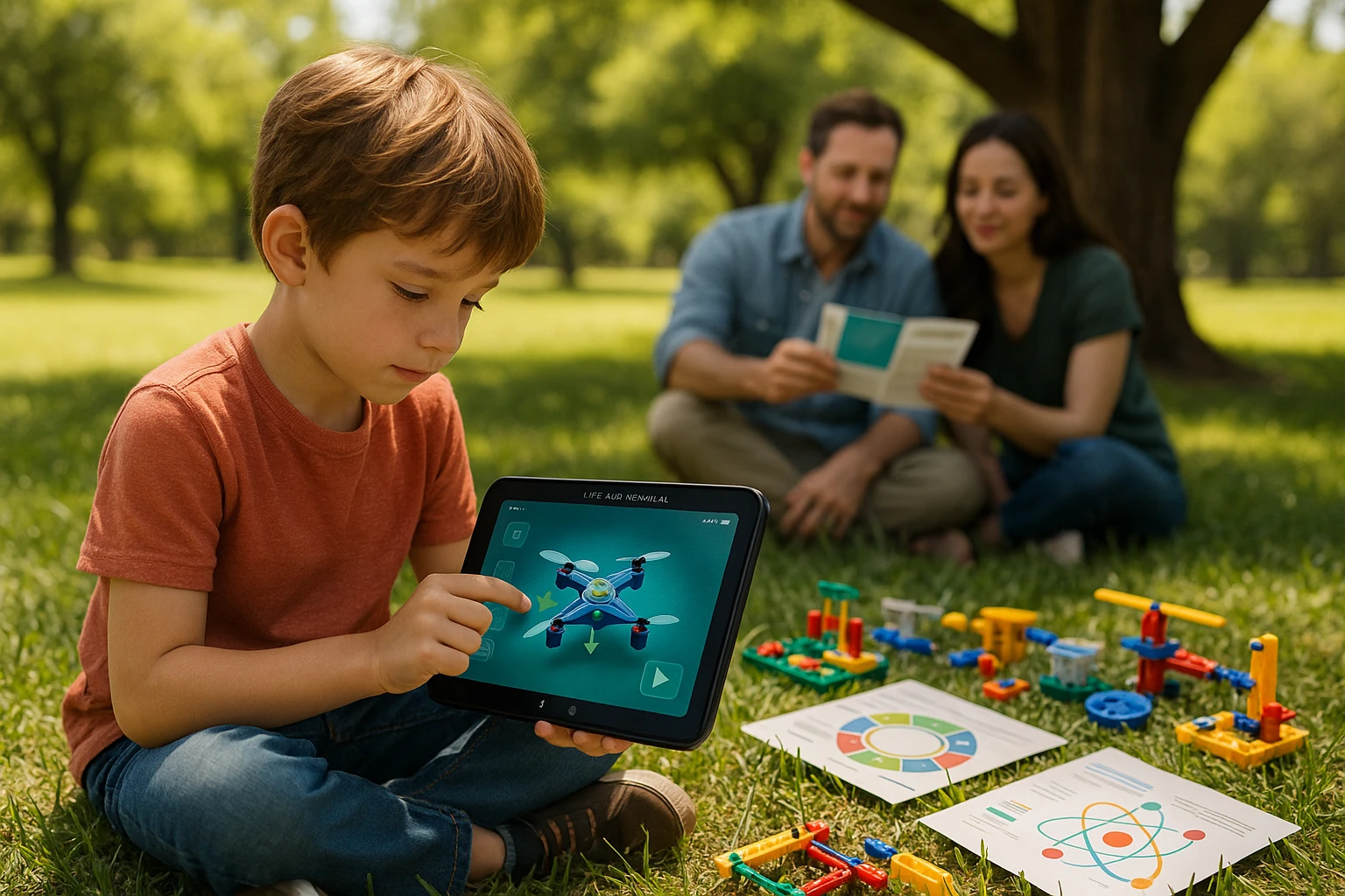 A child in a sunny park uses a Life Hub Infiniti AI tablet to explore an interactive STEM module, surrounded by educational kits and colorful diagrams, while parents review Arizona's ESA program brochure under a tree.