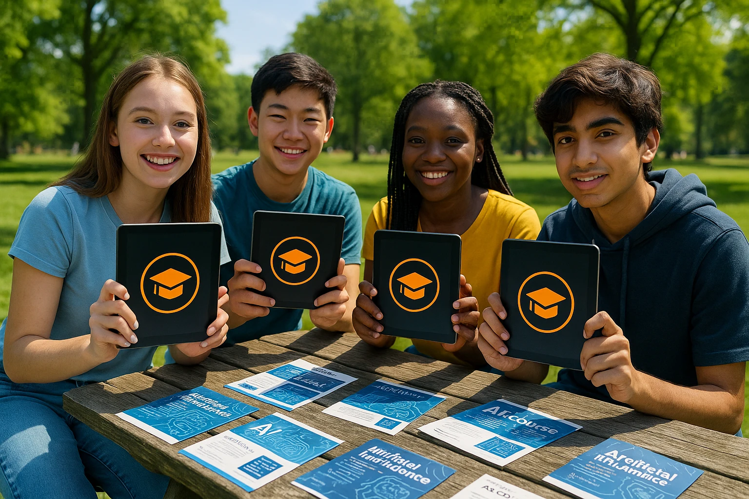 A group of teenagers gathered outdoors in a vibrant park, holding tablets displaying the Electus Education logo, with informational flyers about AI courses scattered around a picnic table.
