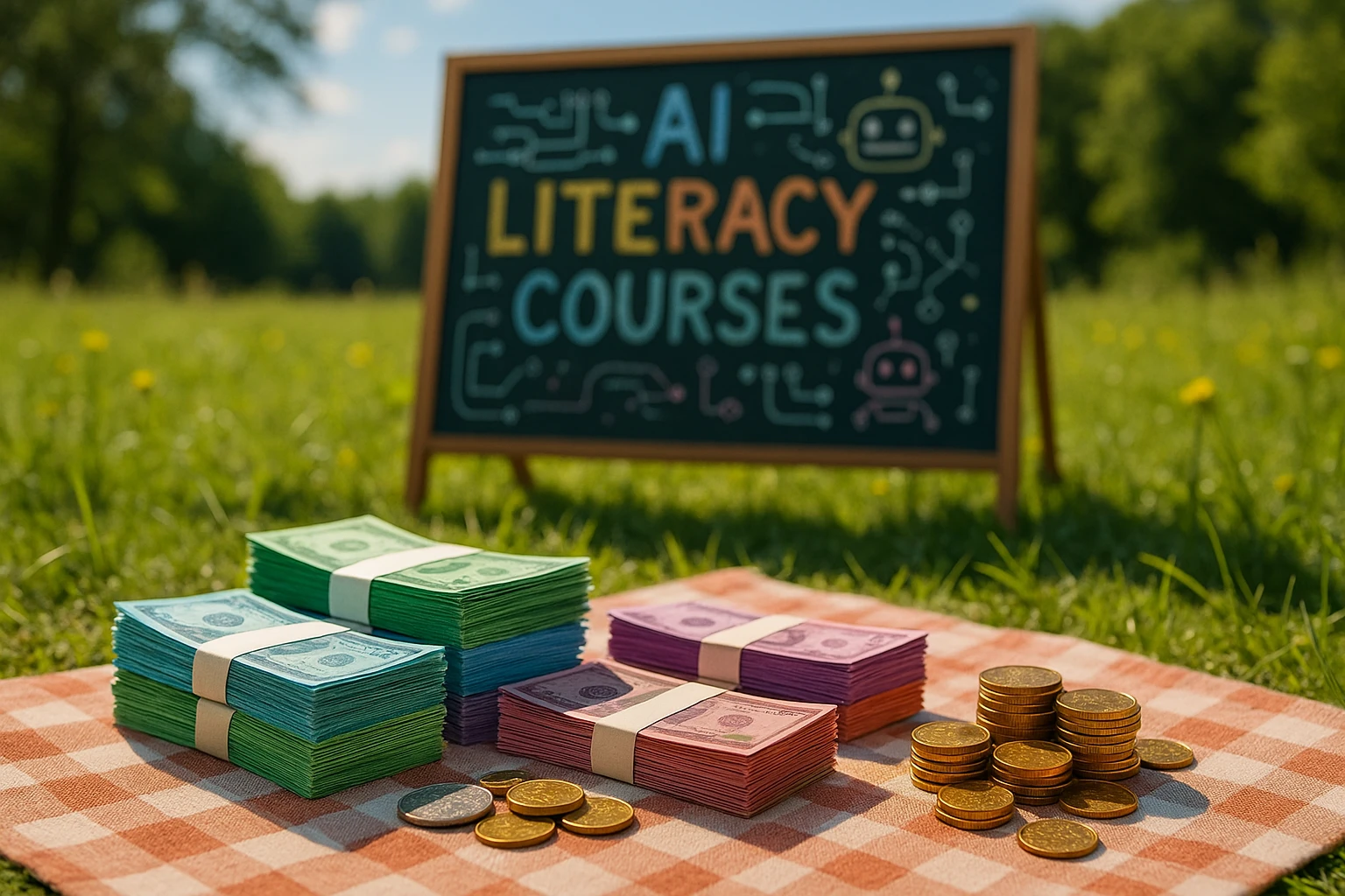 A creative scene shows colorful stacks of cash and coins spread across a picnic blanket in a sunny meadow, with a backdrop of a bustling community chalkboard displaying 