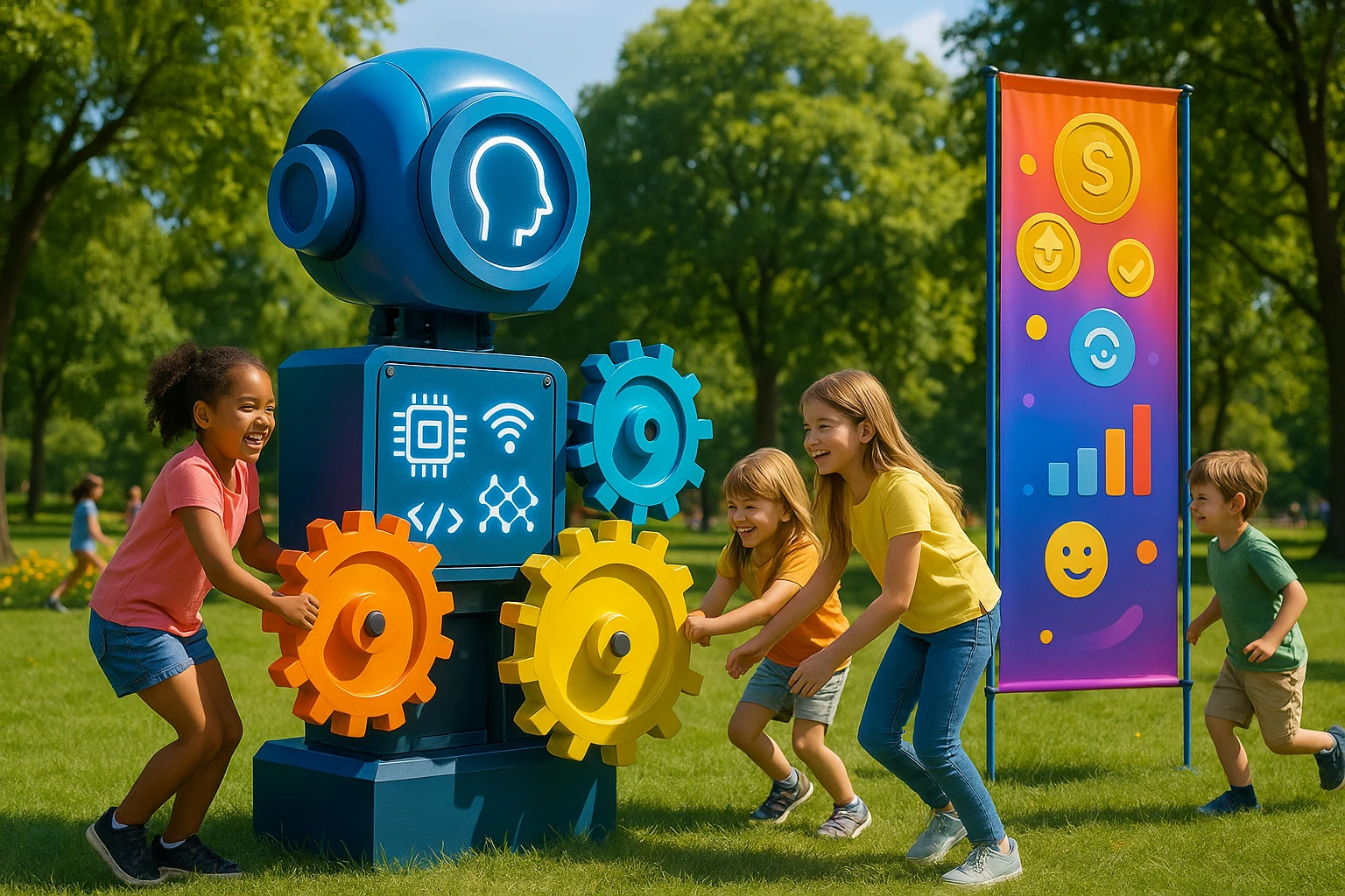 A vibrant park scene where children engage with a large, interactive AI-themed sculpture featuring rotating gears and digital symbols. Nearby, a colorful banner promotes 