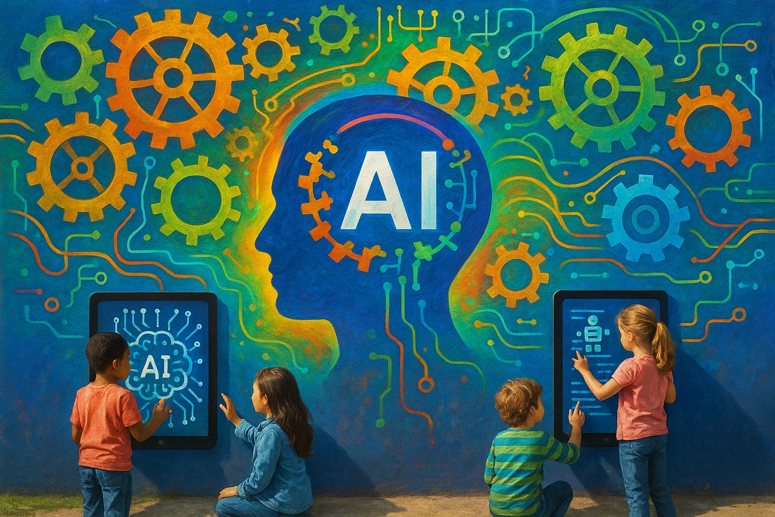 A colorful outdoor mural features a vibrant depiction of AI concepts with gears interlocking and digital symbols intertwining, highlighting the Life Hub Infiniti AI logo at the center, surrounded by curious children engaging with oversized interactive tablets showcasing AI educational content.