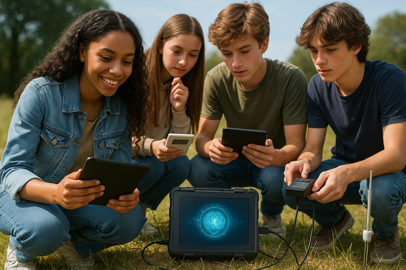 A group of teenagers engaged in an outdoor science experiment, using various digital sensors and tablets to measure environmental data, with a Life Hub Infiniti AI logo on a portable device display.