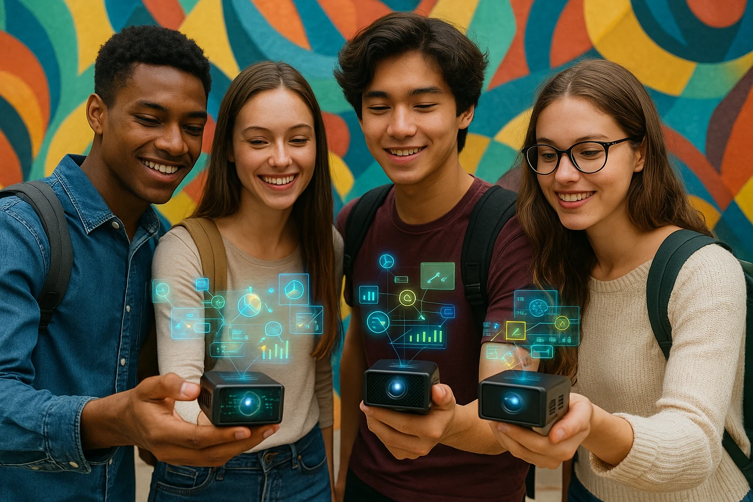 A group of young students gathered around a colorful mural wall, each holding a small, interactive projector displaying augmented reality overlays, with the Life Hub Infiniti AI logo subtly visible on one of the projectors.