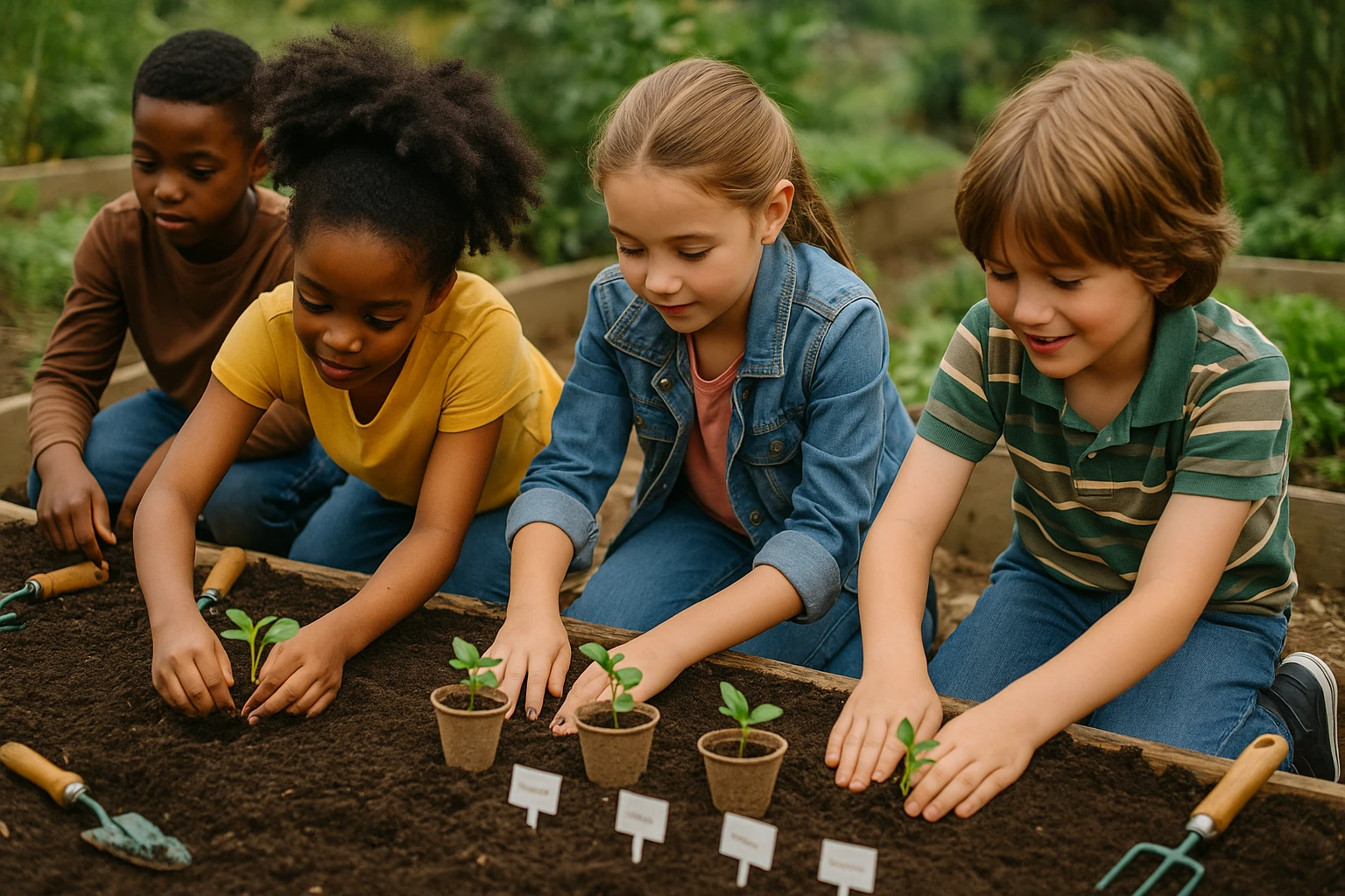 A group of children eagerly planting seedlings in a community garden, surrounded by gardening tools and small, labeled pots, emphasizing hands-on learning about earning and financial independence through agriculture.