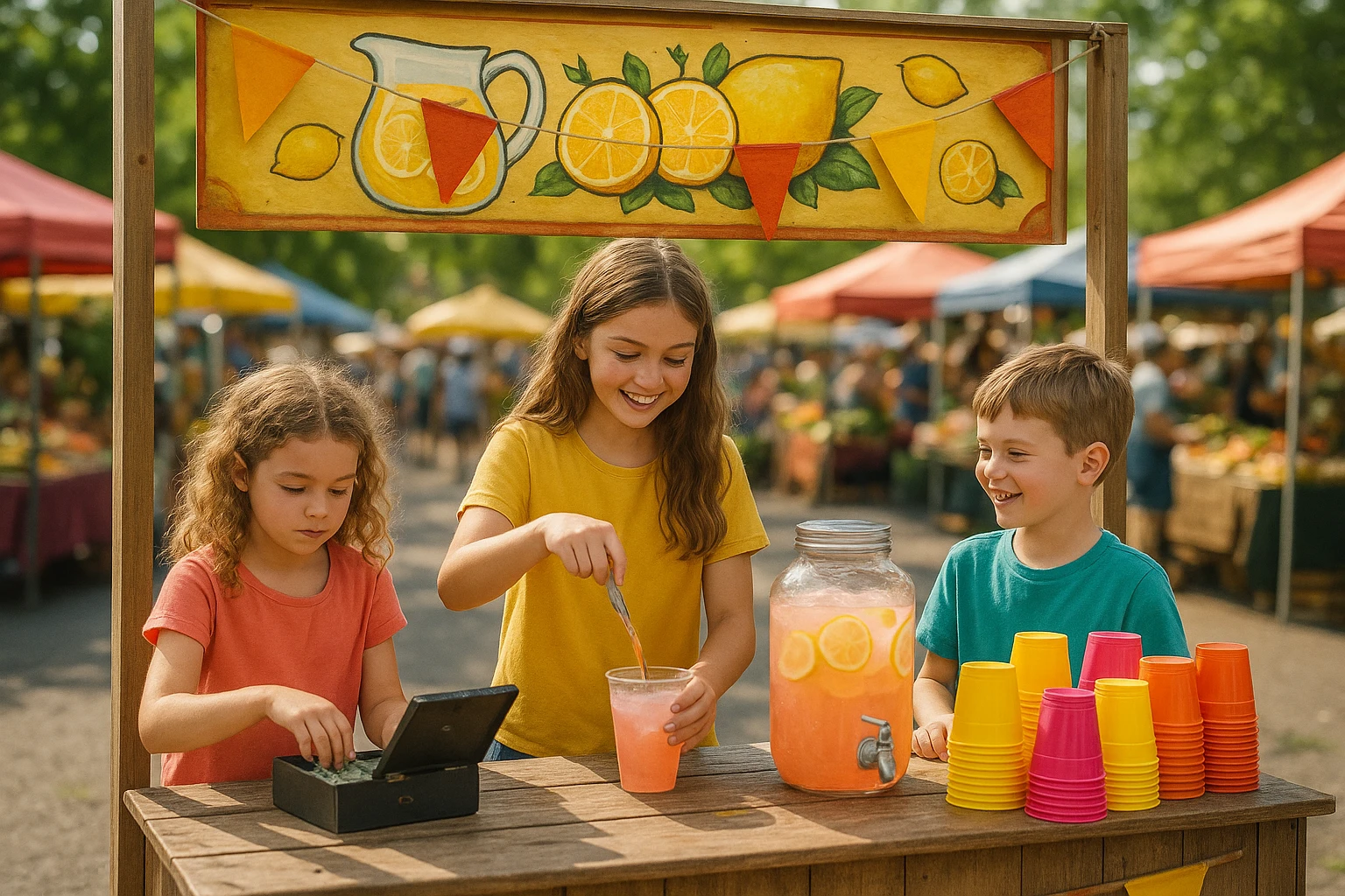 A vibrant outdoor market scene where children are managing their own colorful lemonade stand, complete with a handmade sign, stacks of cups, and a cash box, illustrating the practical application of early financial education.