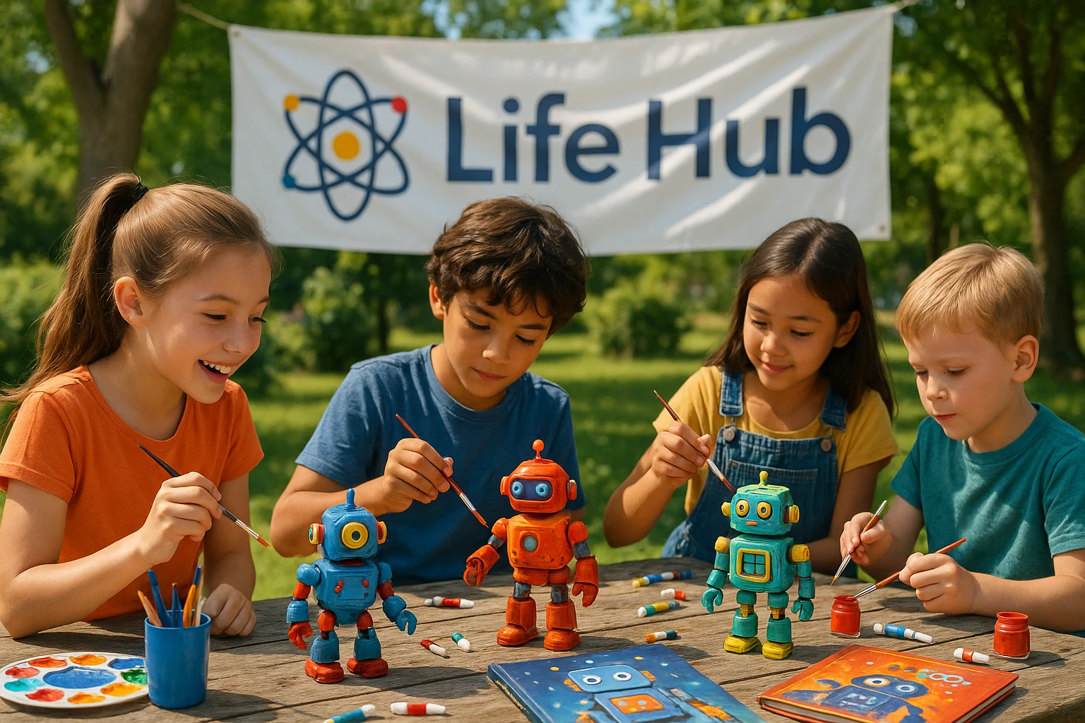 A sunny outdoor workshop with kids painting colorful robot models on a picnic table, surrounded by art supplies and AI-themed storybooks, under a large banner featuring the Life Hub logo.