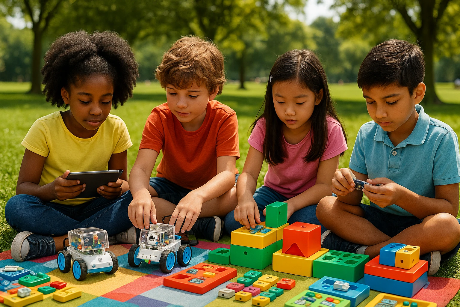 A group of diverse children engaging with AI-powered educational kits in a vibrant park setting, surrounded by colorful learning modules and interactive robotics.