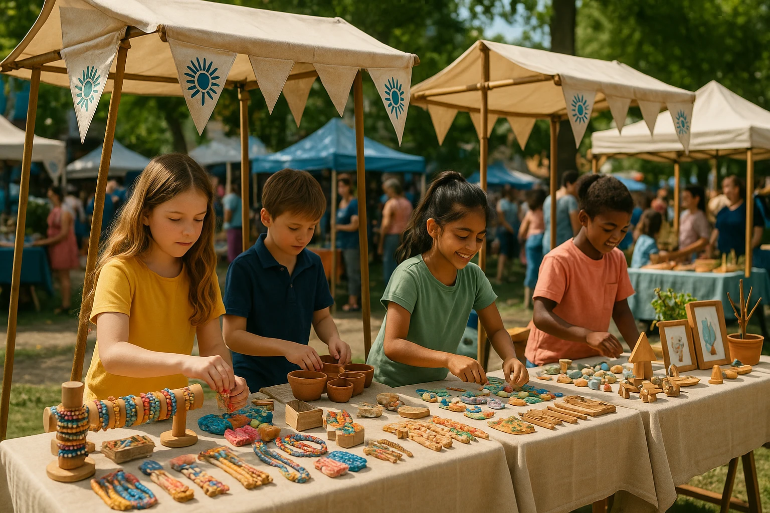 A vibrant outdoor market scene where children are actively managing small pop-up stalls, each showcasing handmade crafts and goods, with banners displaying the Life Hub Infiniti logo, emphasizing experiential learning through commerce.