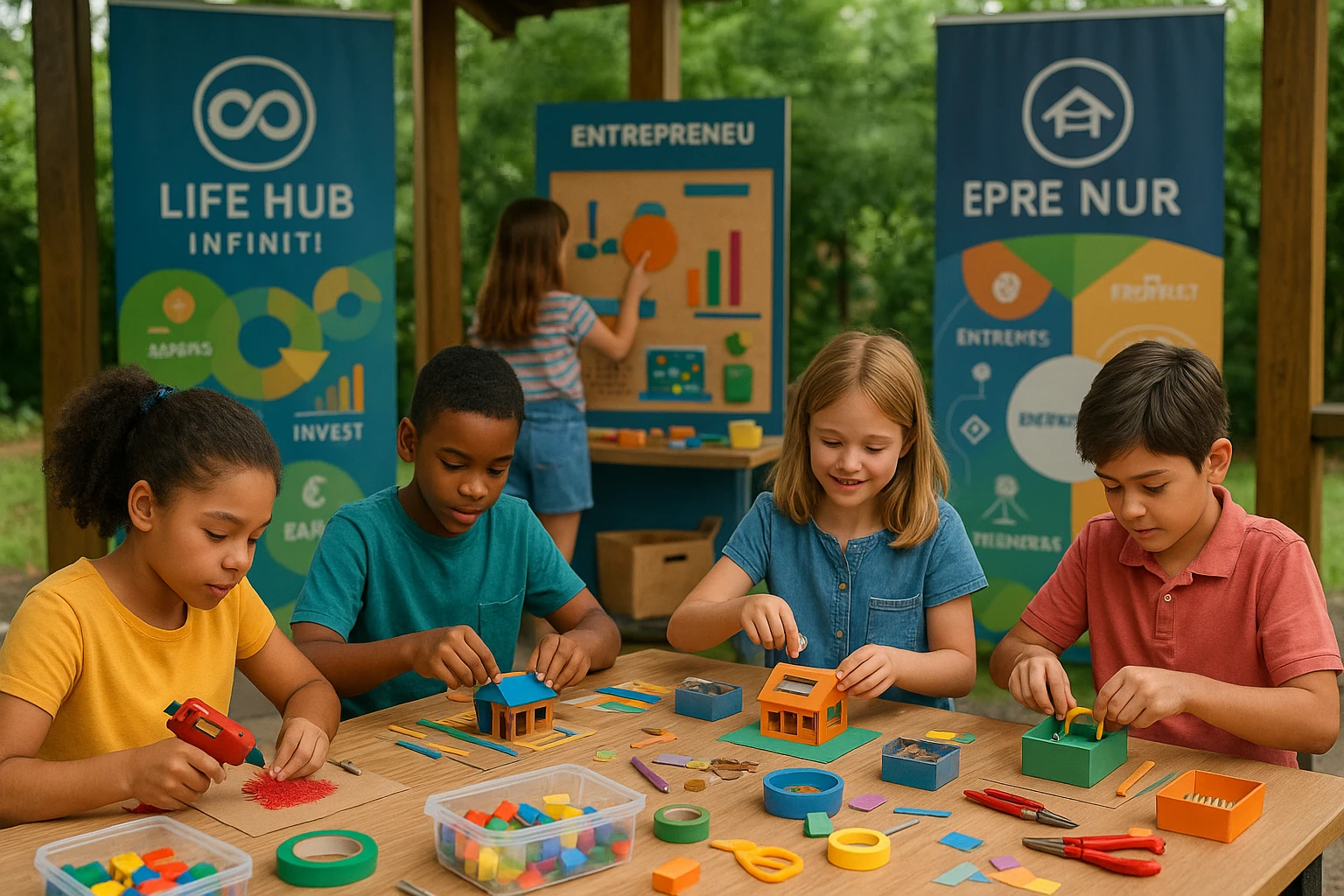 A group of children gathered in an outdoor workshop setting, assembling small business projects with colorful materials and tools, surrounded by Life Hub Infiniti banners and interactive stations demonstrating earning strategies.