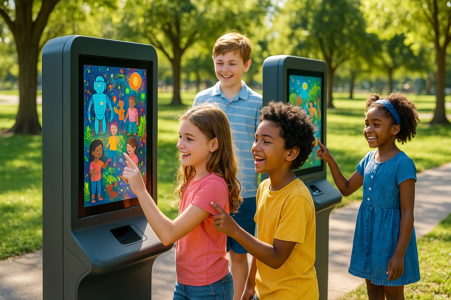 A vibrant outdoor scene of children engaging with interactive educational kiosks from Electus Global Education's Life Hub Infiniti AI technology, set in a community park with trees and sunshine illuminating their happy faces.