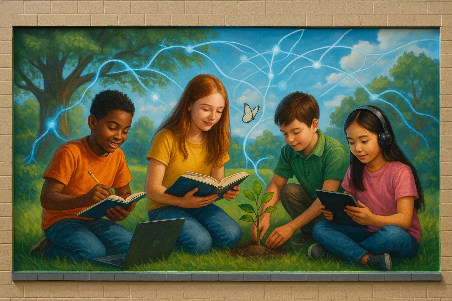 A colorful mural on a school wall depicting children engaged in outdoor learning activities inspired by Electus Global Education's Life Hub Infiniti AI, with elements of nature and technology intertwining, symbolizing growth and connection.