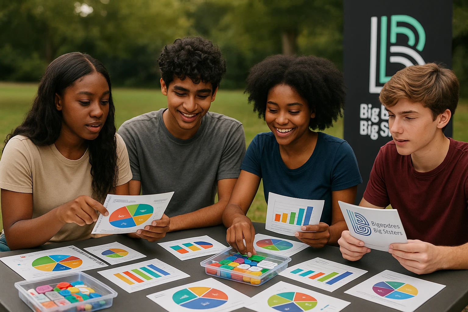 A group of diverse teens gathered outdoors, actively engaging with financial literacy materials from Life Hub Infiniti, surrounded by colorful charts and hands-on activity kits, with the Big Brother Big Sister logo prominently displayed on a nearby banner.