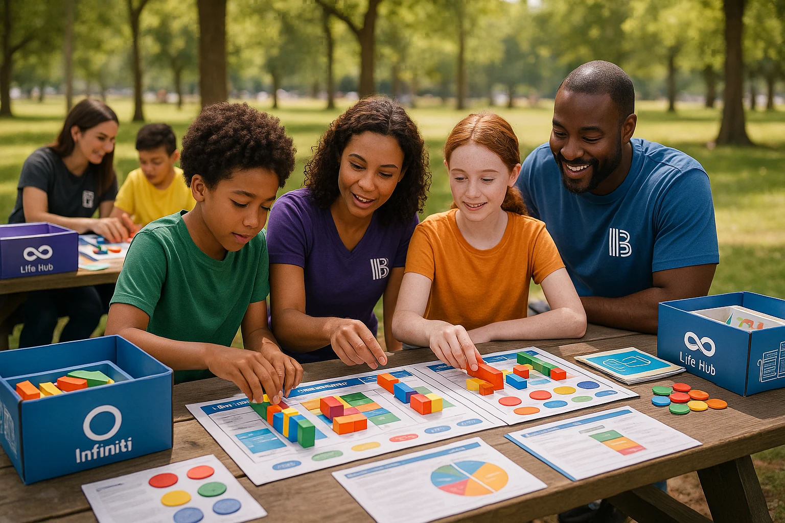 A vibrant community workshop with Life Hub Infiniti materials spread across picnic tables in a park, featuring hands-on activities like building budgeting models with colorful blocks, and BBBS mentors guiding youth, with Life Hub Infiniti branding displayed on educational toolkits.