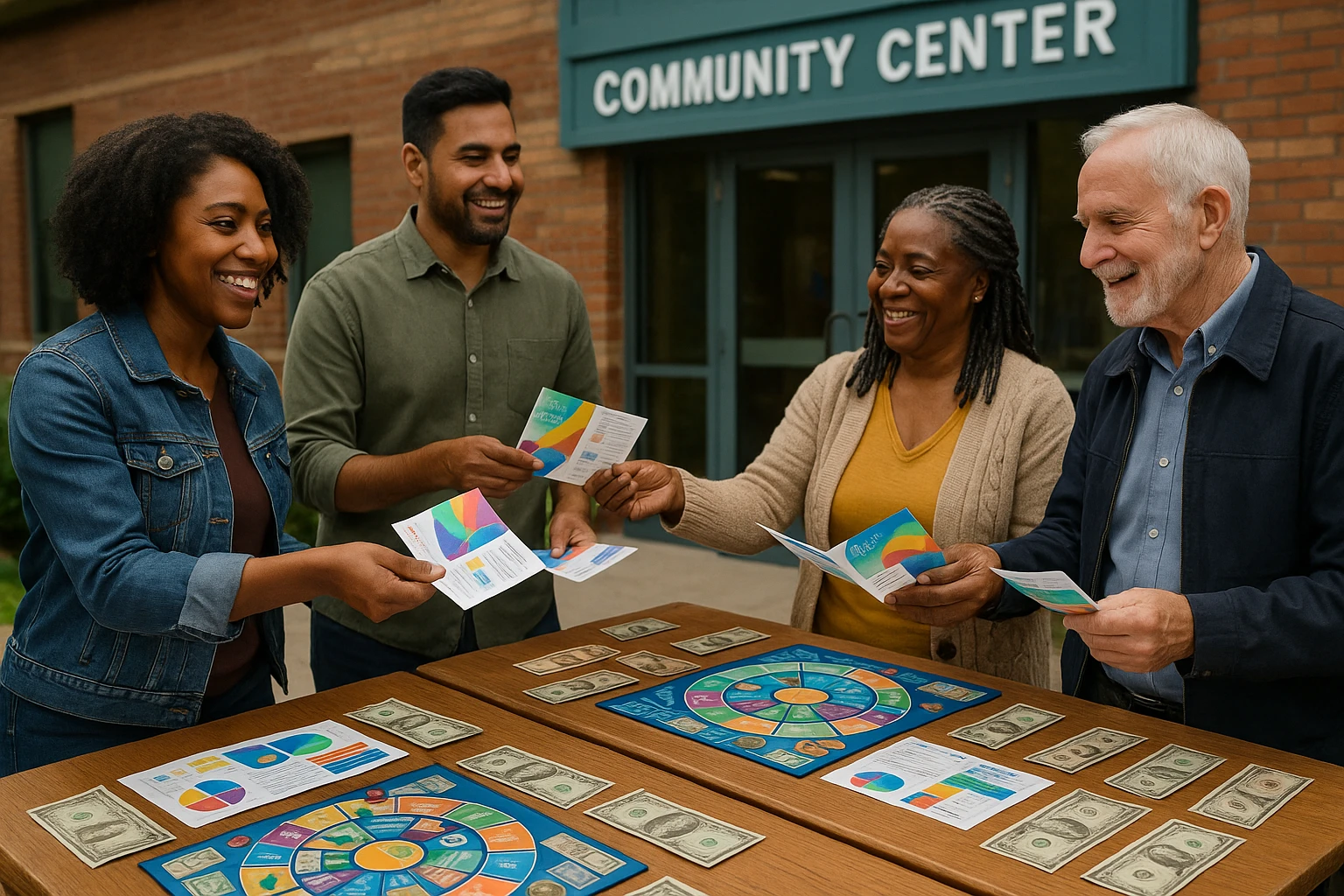 A diverse group of people gathered outside a community center, exchanging vibrant Electus brochures and Life Hub Infinitu materials, with wooden tables displaying engaging financial education board games using real currency.