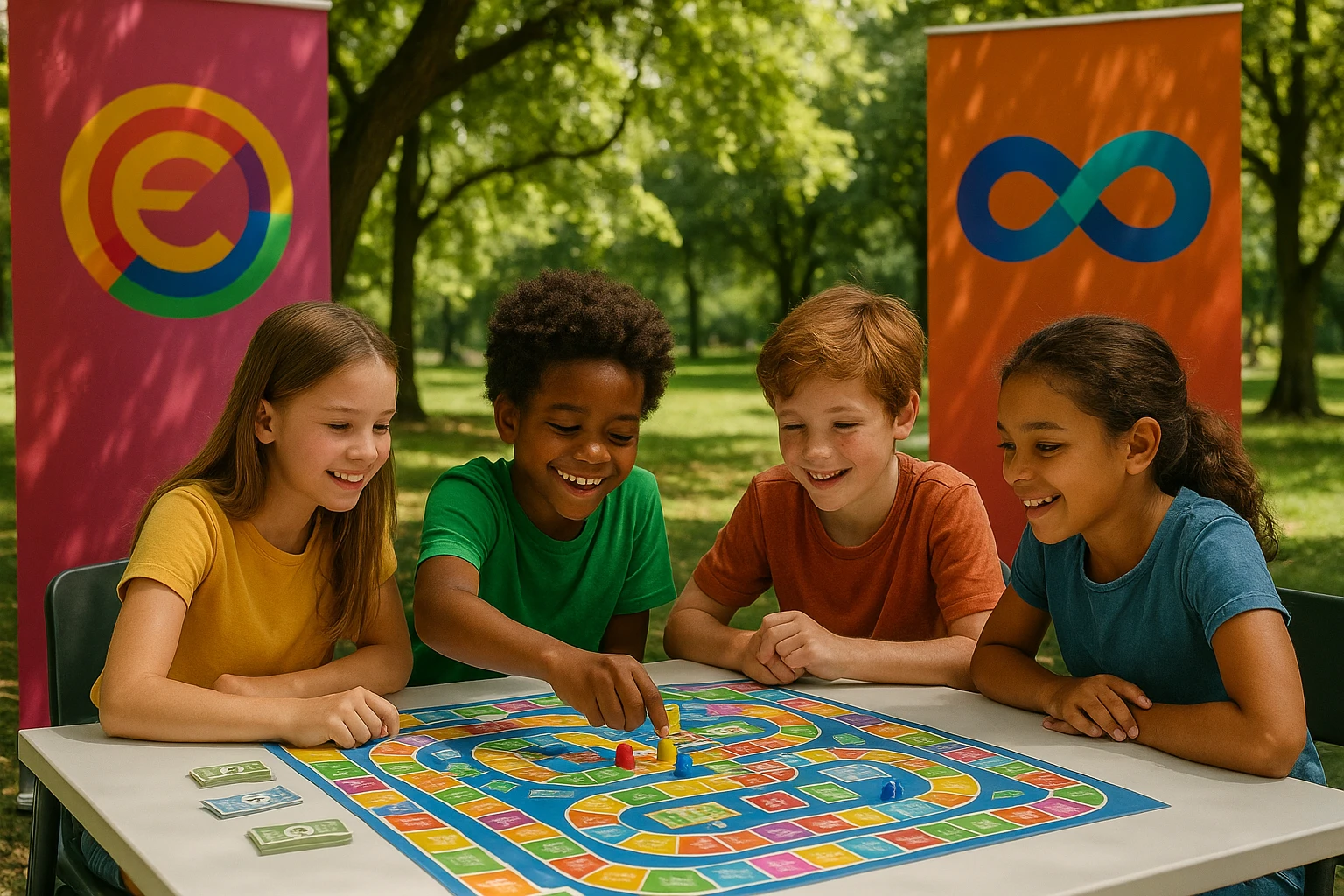 A colorful outdoor workshop setting with children playing an interactive board game that simulates financial decisions, surrounded by vibrant banners displaying the Electus and Life Hub Infinitu logos, situated under leafy trees in a park.