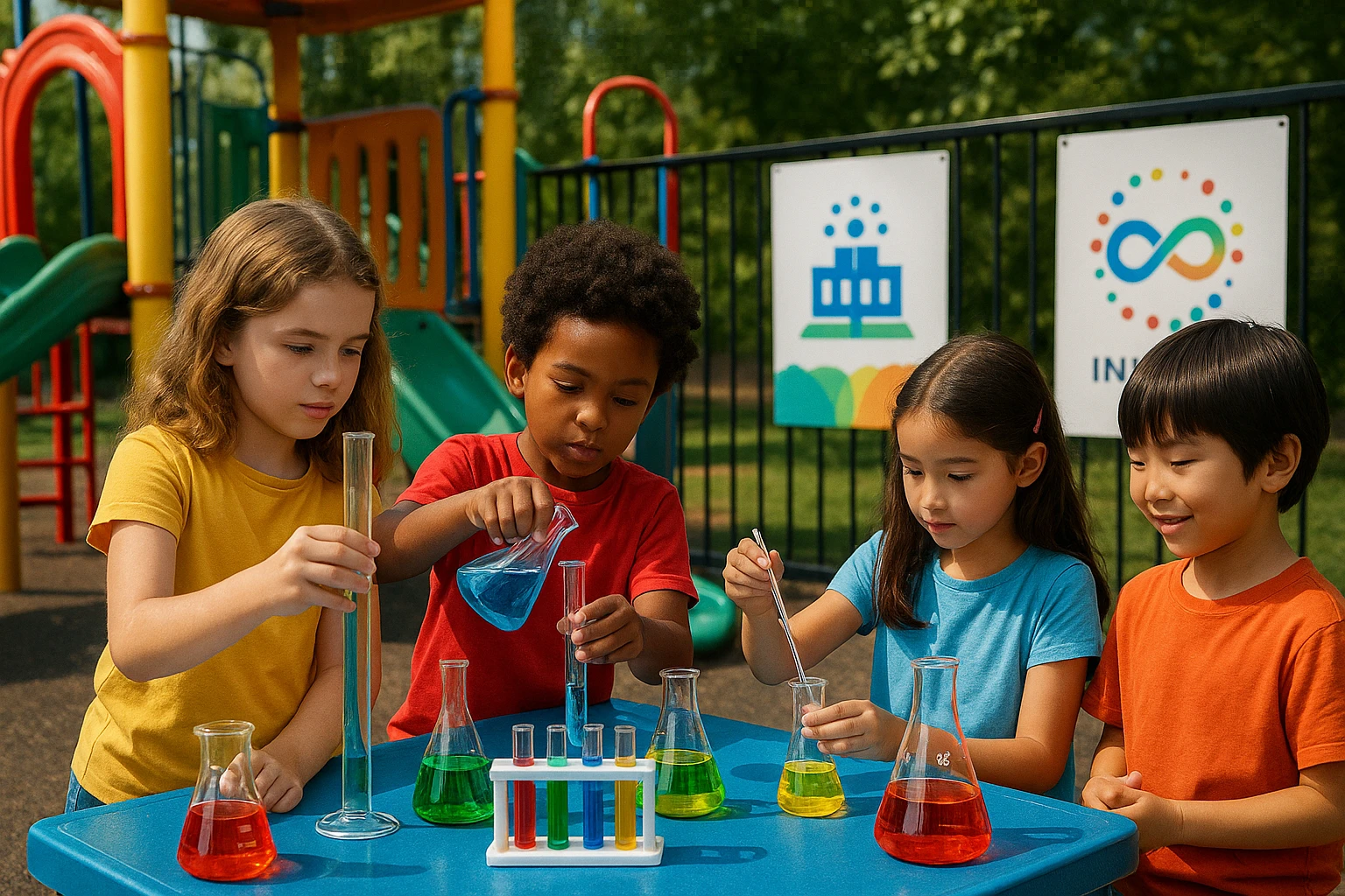 A vibrant playground scene where children are actively engaged in an outdoor science experiment, using various colorful laboratory tools and materials, with educational posters hanging on nearby fences displaying the Life Hub Infiniti logo.