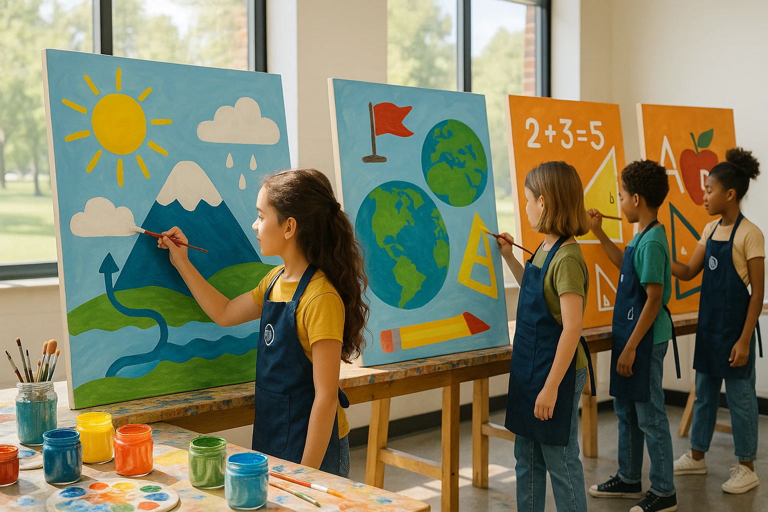 A lively art studio where children are creating state-aligned educational murals on large canvases, surrounded by vibrant paints, brushes, and Life Hub Infiniti-branded aprons, with large windows showcasing a sunny park outside.