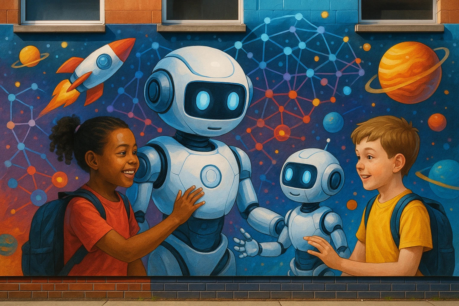 A colorful mural on a school wall depicts futuristic AI robots interacting with children, with illustrations of AI concepts like neural networks and data nodes intertwined with playful elements like rockets and planets.