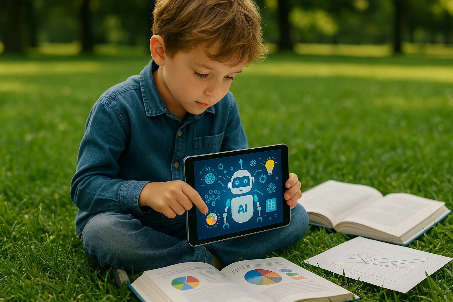 A child is outdoors in a park, using a tablet with an educational game about AI, surrounded by open textbooks and colorful charts spread on the grass.