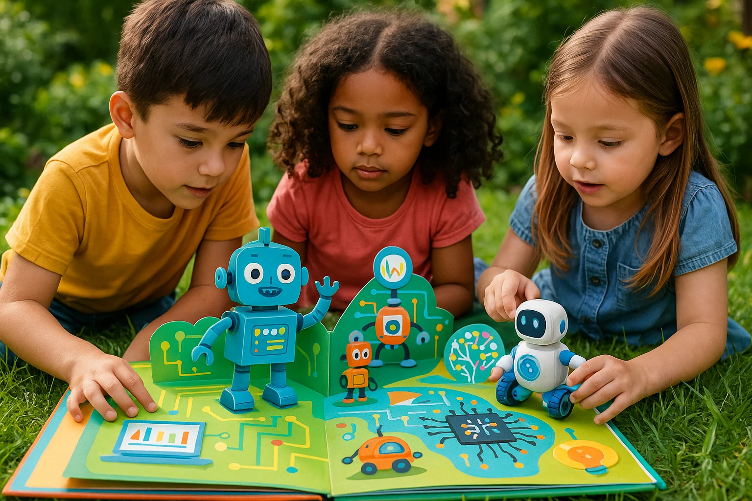 A colorful children's book with interactive pop-up pages featuring robots, circuit diagrams, and AI-related symbols, set in a garden with kids exploring various AI tools like sensor-equipped toys.