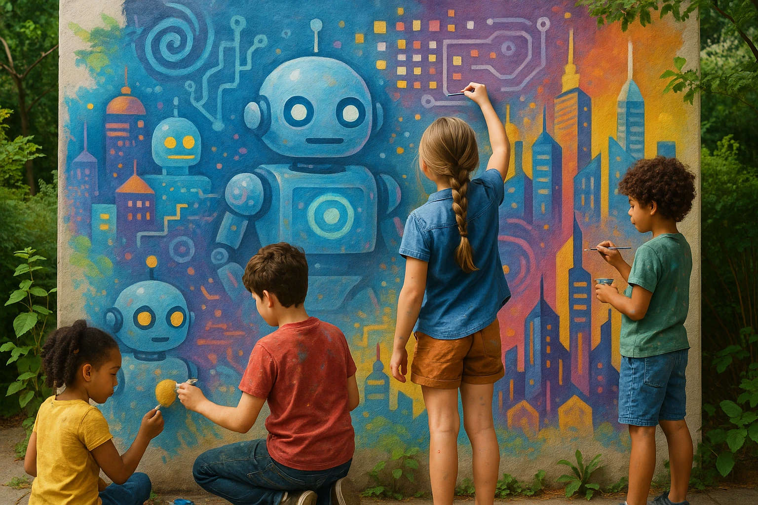 A group of children building a large, colorful AI-themed mural on an outdoor wall, using paint and creative materials to depict robots, data patterns, and futuristic cityscapes, with plants and trees surrounding the area.