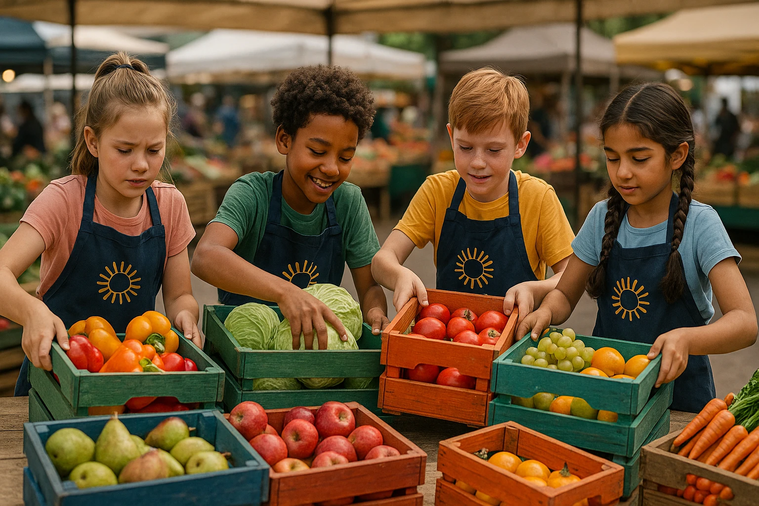 A group of children energetically arranging painted wooden crates filled with colorful fruits and vegetables at a bustling farmer's market, each donning aprons with the Life Hub Infiniti logo, demonstrating hands-on lessons in entrepreneurship through practical, experiential learning.