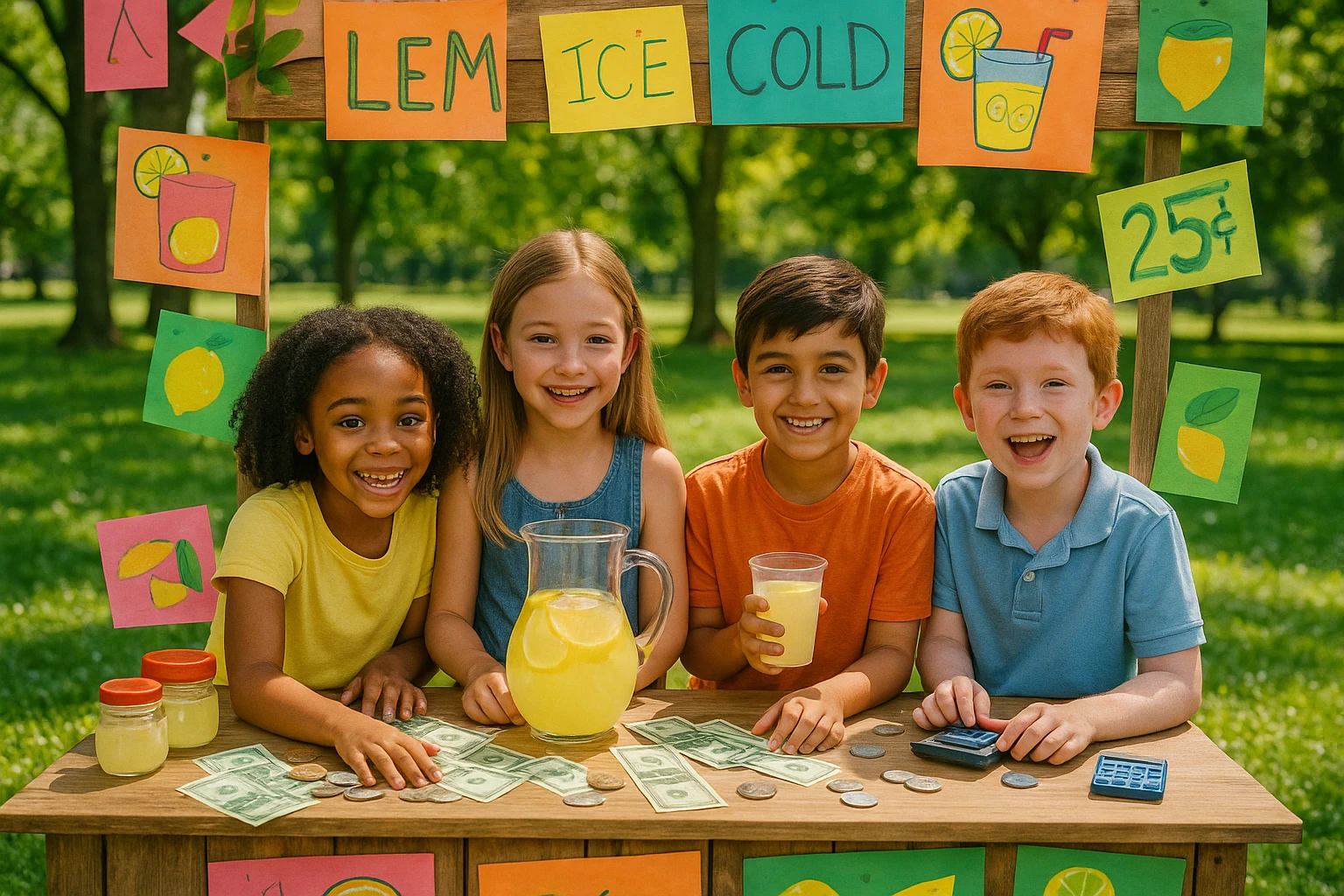 A group of children eagerly participating in a lemonade stand setup in a vibrant park setting, surrounded by colorful signs they crafted, with playful currency and small calculators scattered on the table, showcasing their active engagement in entrepreneurship learning through Life Hub Infiniti's project.