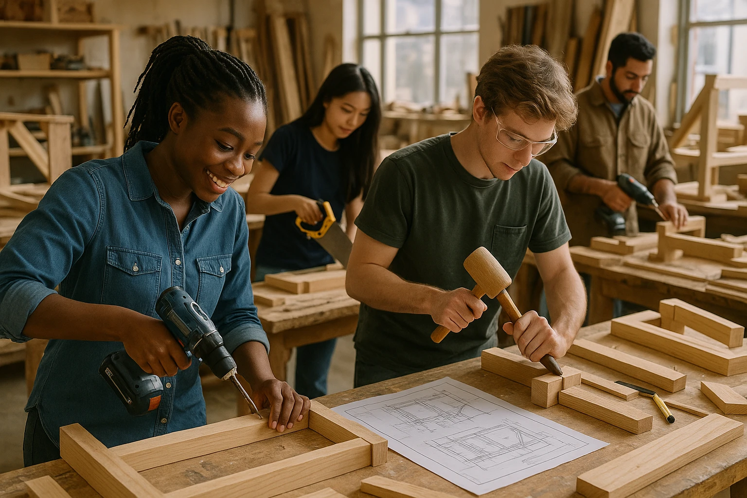 A diverse group of students wielding tools and equipment in a hands-on carpentry workshop, surrounded by wood, blueprints, and partially completed projects under bright natural light.