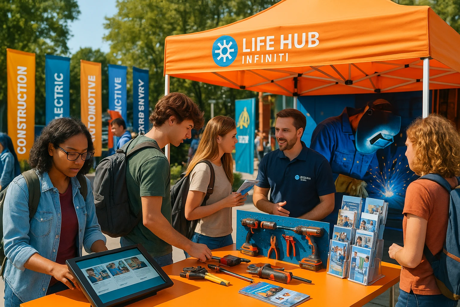 A vibrant outdoor career fair featuring Life Hub Infiniti's stand, where students engage with interactive displays about various trades, surrounded by colorful banners, tool demonstrations, and informative brochures.