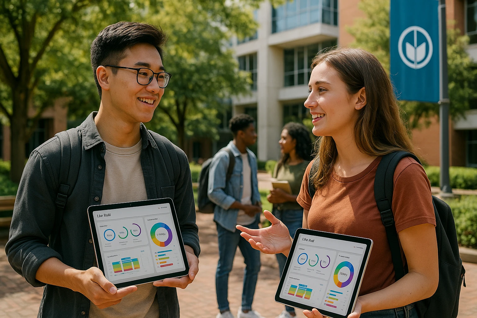 A college campus courtyard with students engaged in discussion while holding tablets displaying the Life Hub dashboard; nearby, a banner features the Electus Education logo against a backdrop of trees and modern architecture, illustrating the integration of technology and learning in a vibrant, outdoor academic setting.