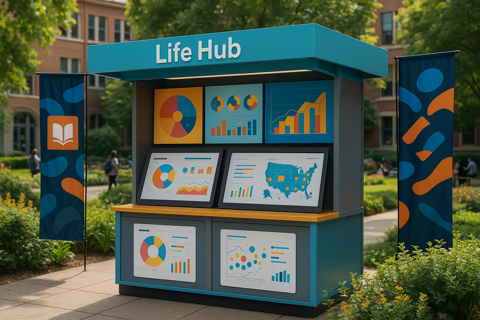 A vibrant outdoor kiosk at a university campus showcasing the Life Hub platform, with colorful infographic displays and interactive touch screens highlighting analytics and data insights, surrounded by banners promoting Electus Education amidst a lively, garden-filled environment.