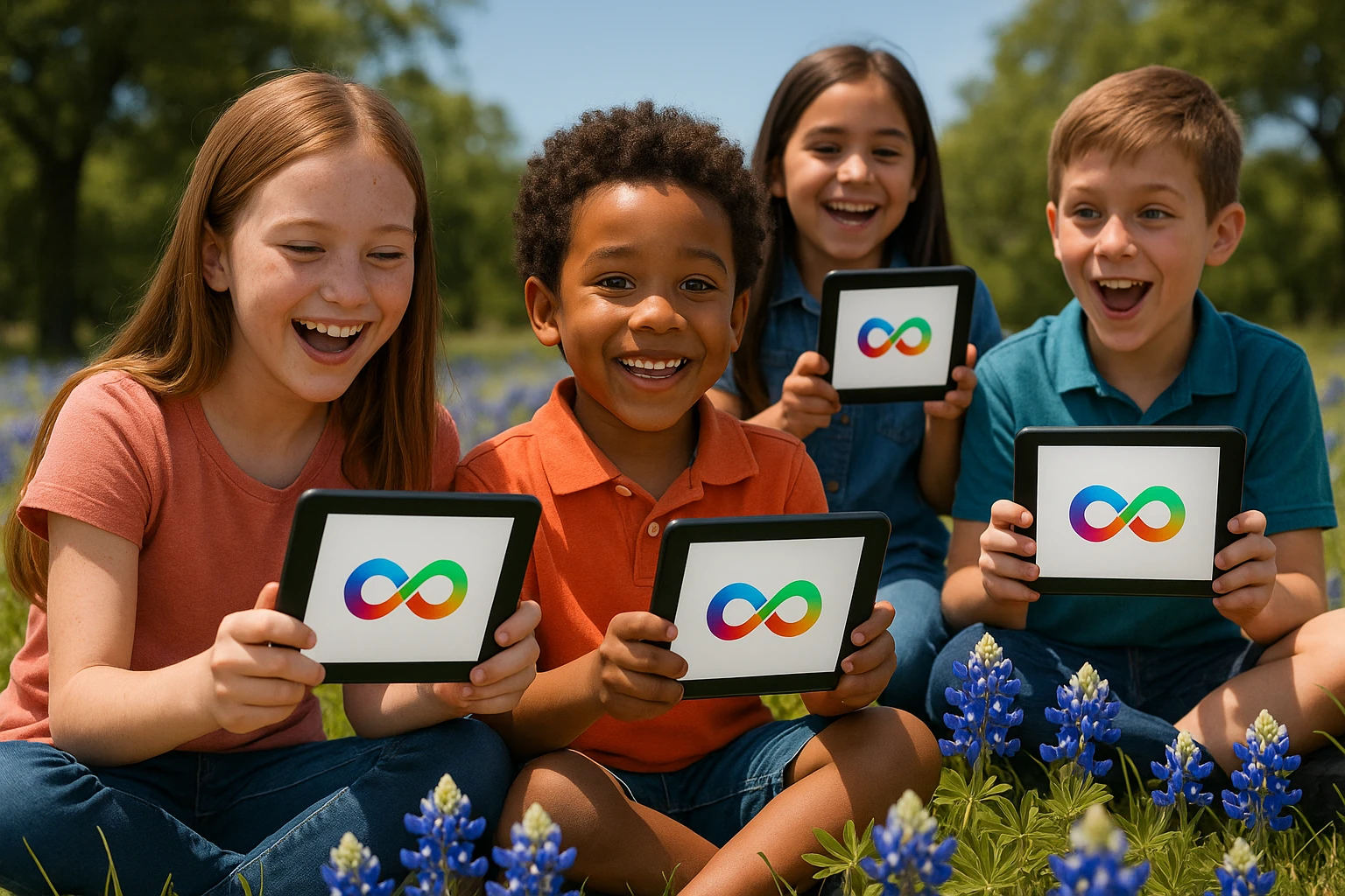Kids engage with Life Hub Infiniti amidst blooming Bluebonnets.