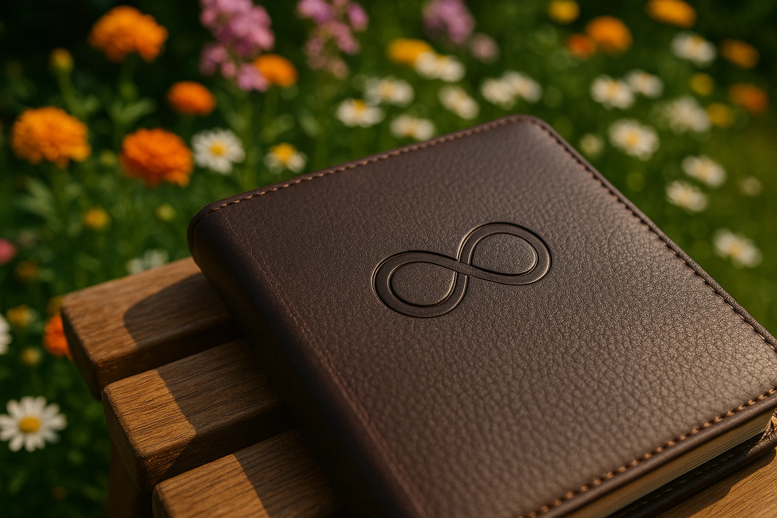 Life Hub Infiniti planner on a bench in a tranquil garden setting.