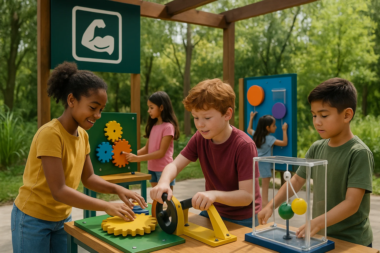 Kids explore interactive exhibits at MyoWorks' outdoor learning center.