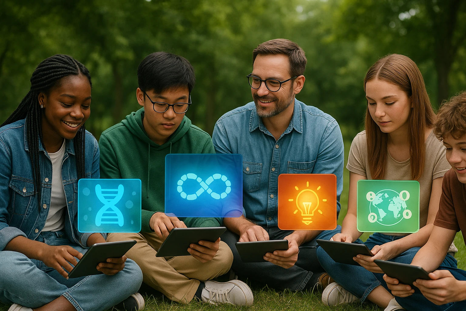 Outdoor education session with Life Hub Infiniti AI tablets.