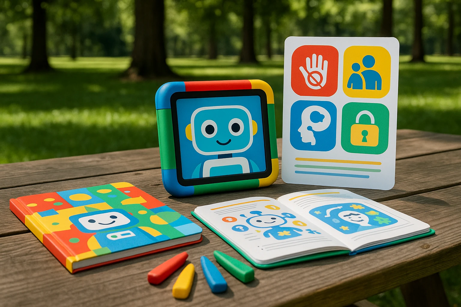 Interactive AI learning kit for kids shown in a nature setting.