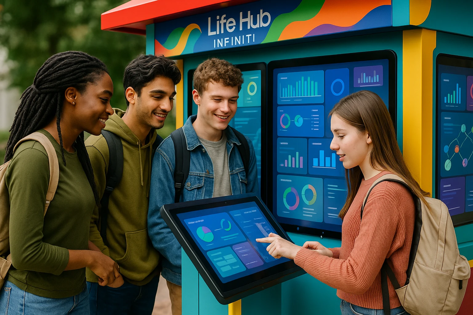 Students exploring Life Hub Infiniti at an interactive outdoor learning kiosk.