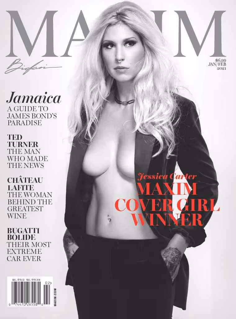 Black and white Maxim magazine cover featuring Jessica Carter wearing an open black blazer and black pants.