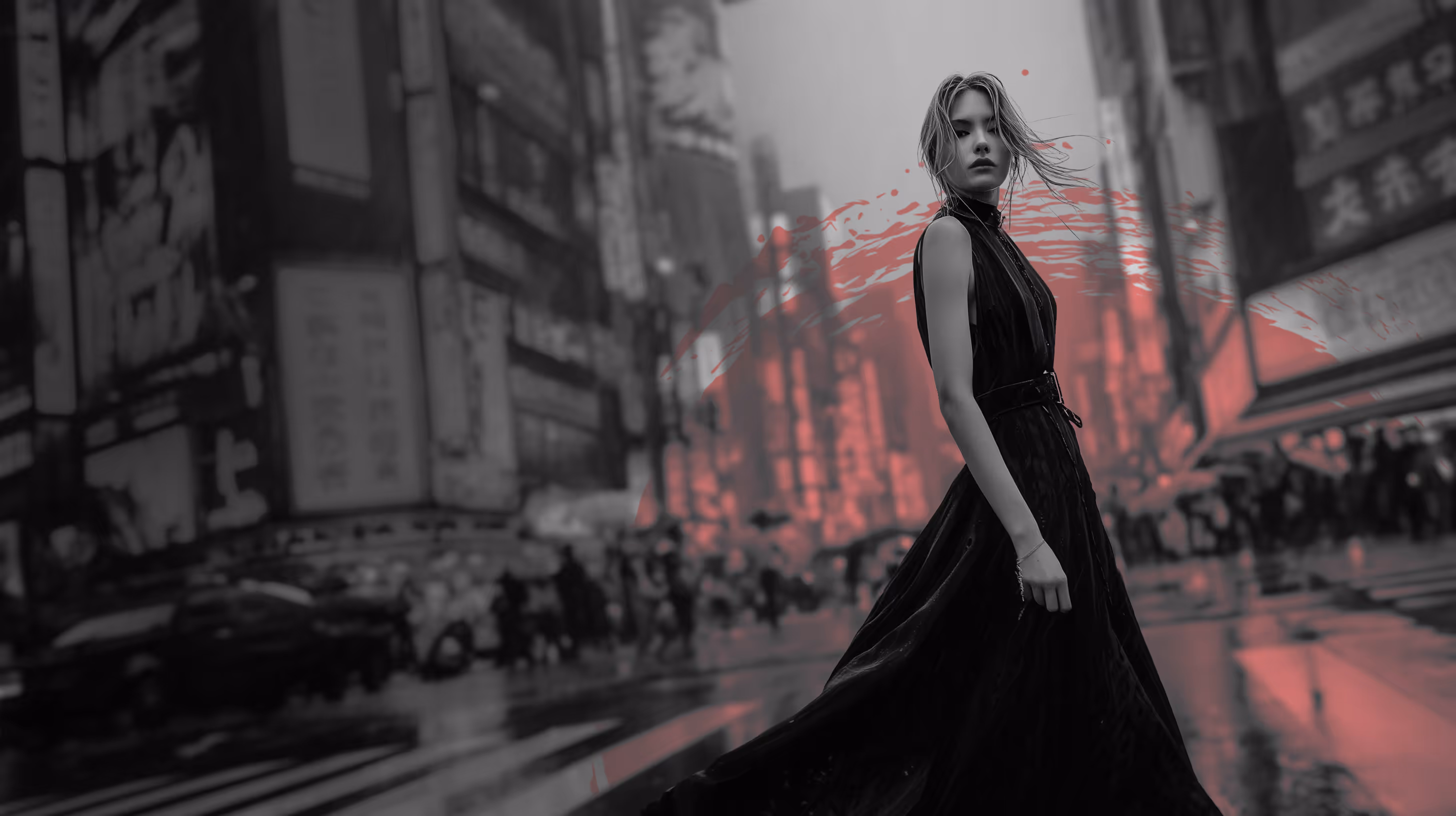 Woman in a flowing black dress standing on a wet city street with blurred buildings and pedestrians, highlighted by a red abstract swirl in the background.