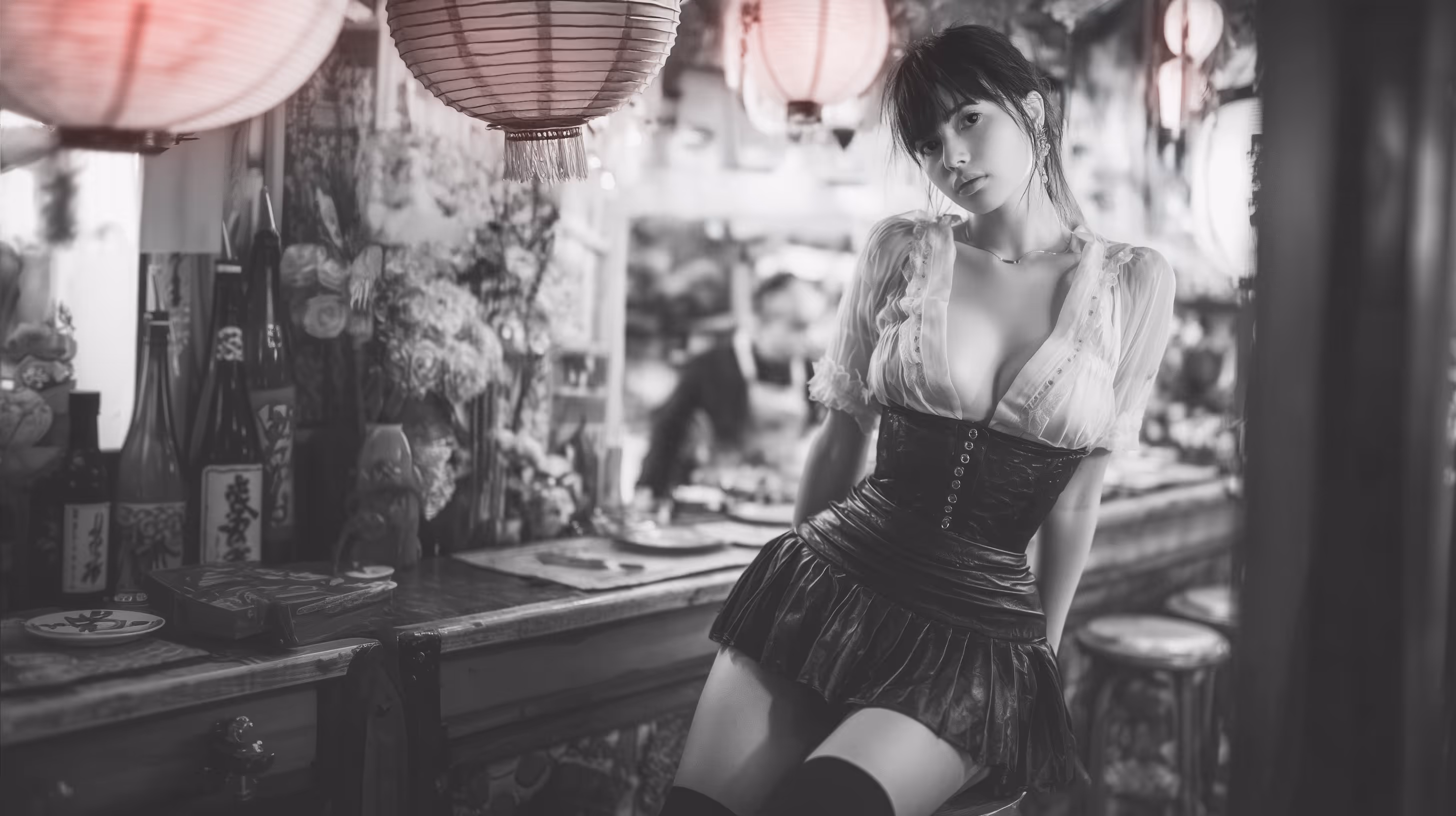 Young woman in a sheer blouse and leather corset skirt leaning against a bar counter with lanterns and bottles in the background.