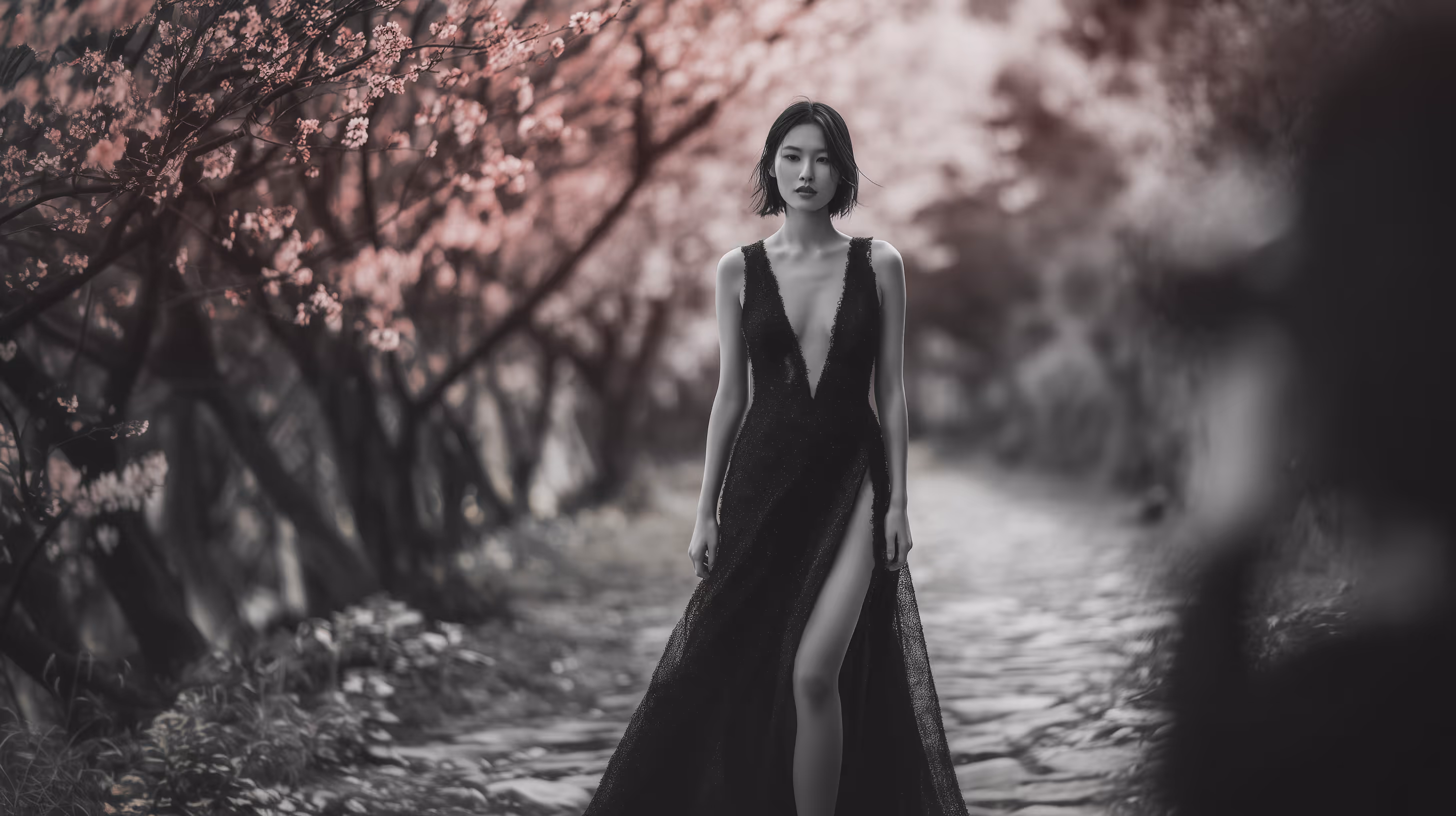 Woman in a black deep V-neck gown walking on a stone path surrounded by cherry blossom trees.