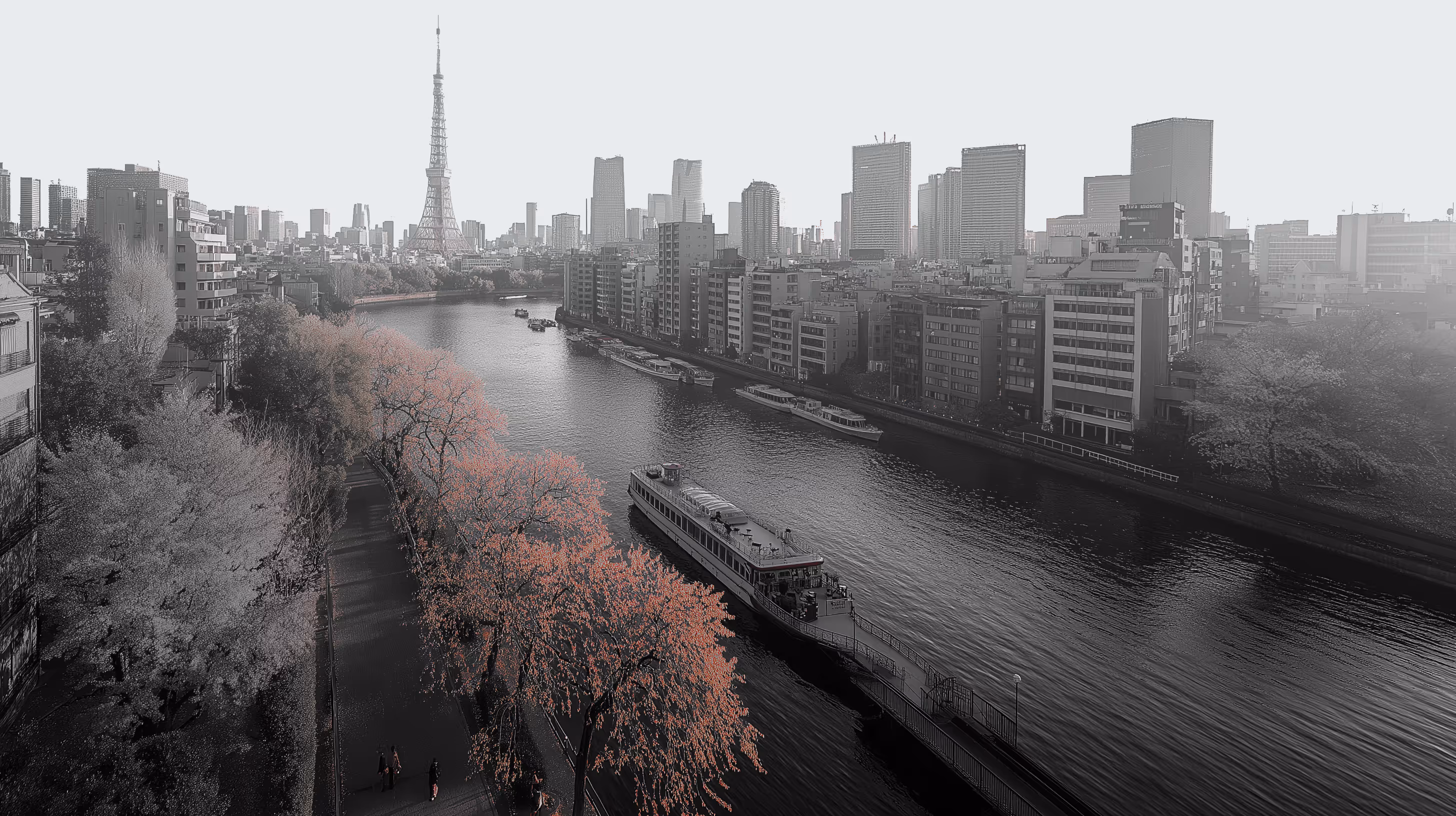 A river flowing through Tokyo with a tour boat docked by the shore and cherry blossom trees with pink flowers along a riverside path, with the Tokyo Tower and city skyline in the background.