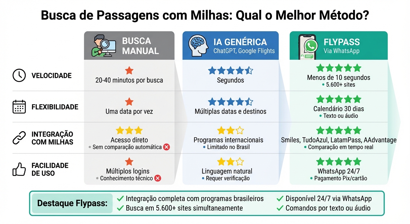 Comparação de Métodos de Busca de Passagens com Milhas: Manual vs IA Genérica vs Flypass