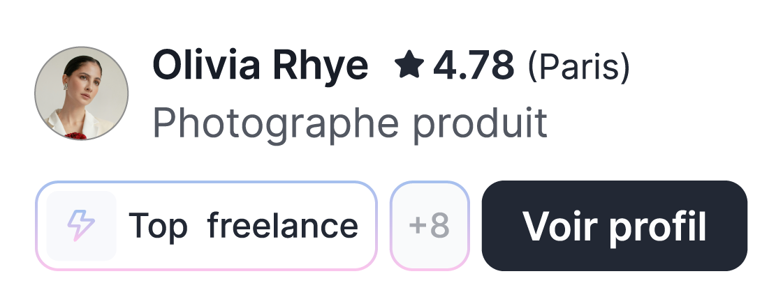 Carte de profil affichant Olivia Rhye, photographe produit à Paris, notée 4,78, avec badges “Top freelance” et bouton “Voir profil”
