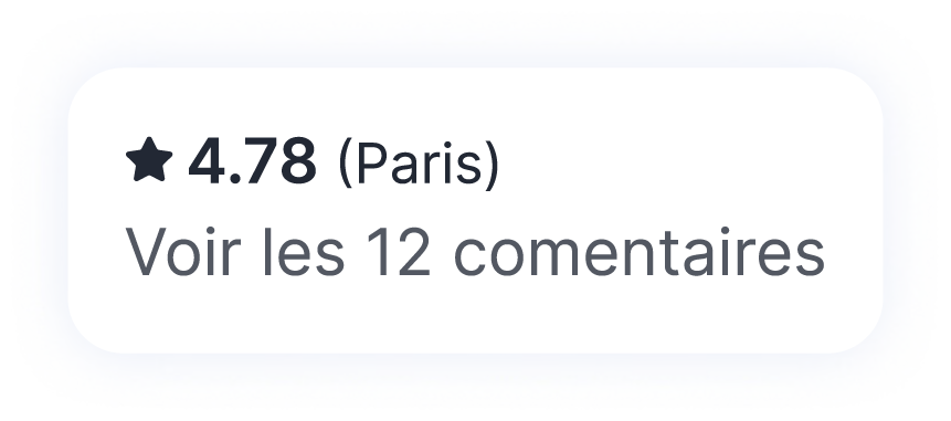 Encadré d’évaluation affichant une note de 4,78 sur Paris et une invitation à consulter douze commentaires associés.