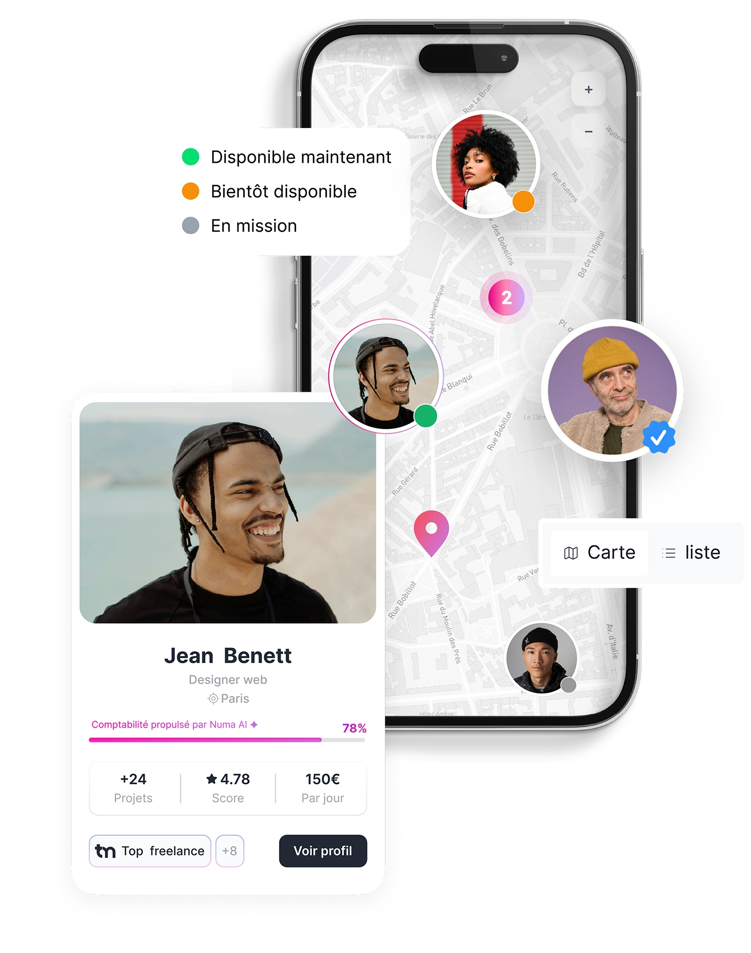 Interface mobile affichant la carte des freelances disponibles, leurs profils illustrés et leurs statuts de disponibilité sur une carte interactive.