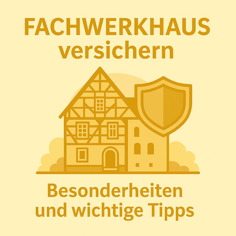 Illustration eines traditionellen Fachwerkhauses mit Schutzschild. Thema: Versicherung von Fachwerkhäusern, Besonderheiten und wichtige Tipps für Eigentümer.