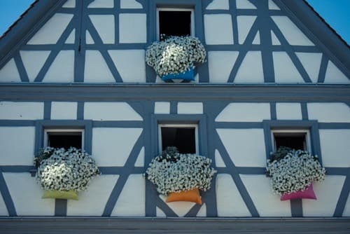 Symmetrisch gestaltetes Fachwerkhaus mit frischer Farbgebung und liebevoll dekorierten Fensterbänken.